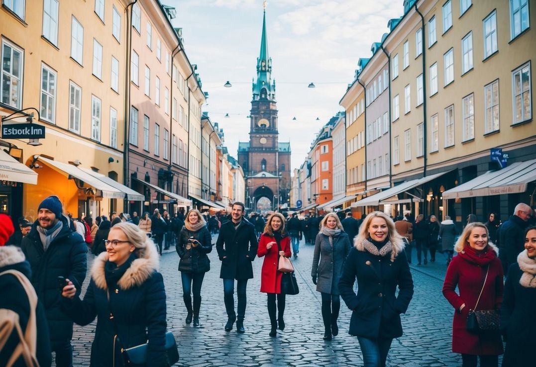 Oplev de pulserende gader i Stockholm fyldt med mennesker der nyder spændende aktiviteter og attraktioner Oplev de pulserende gader i Stockholm fyldt med mennesker der nyder spændende aktiviteter og attraktioner