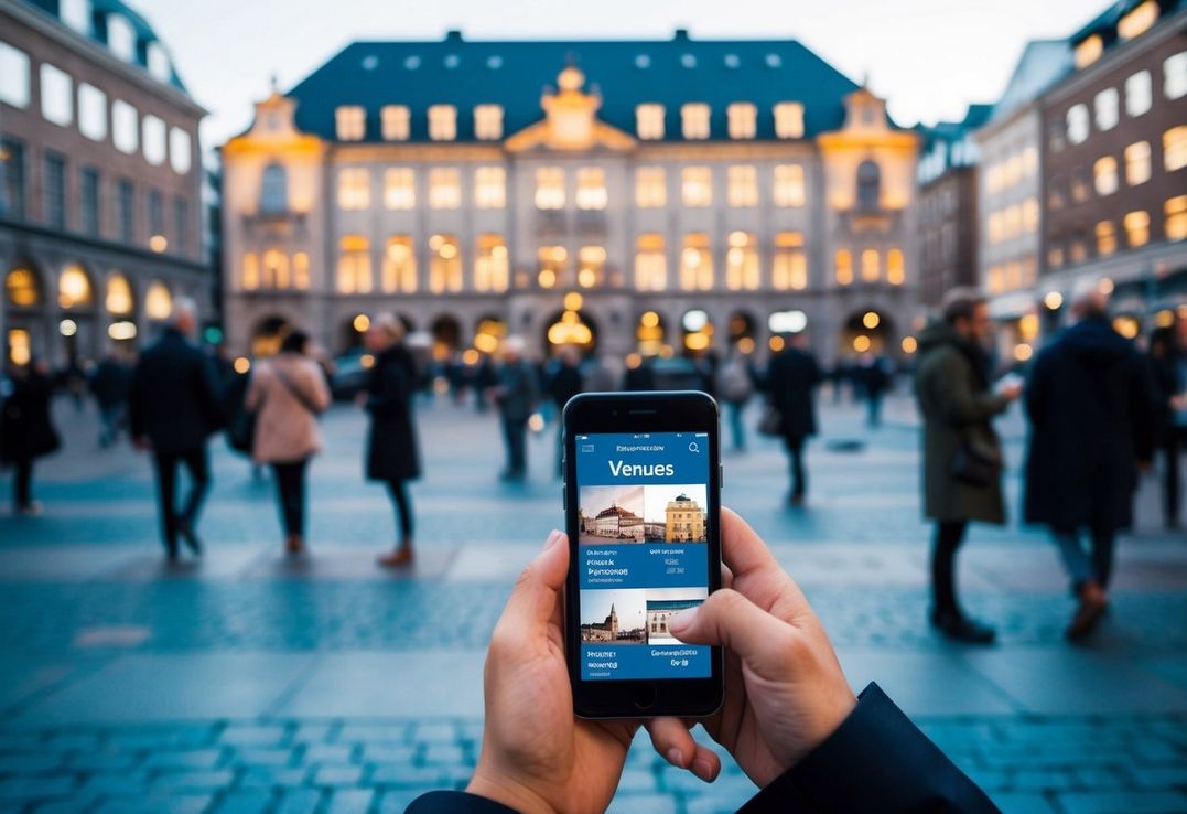 En travl dansk byplads med folk der søger på en hjemmeside på deres telefoner og leder efter de bedste steder i landet