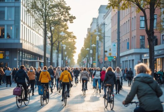 Farverigt billede af byaktiviteter med folk der nyder udendørs underholdning og fællesskab.